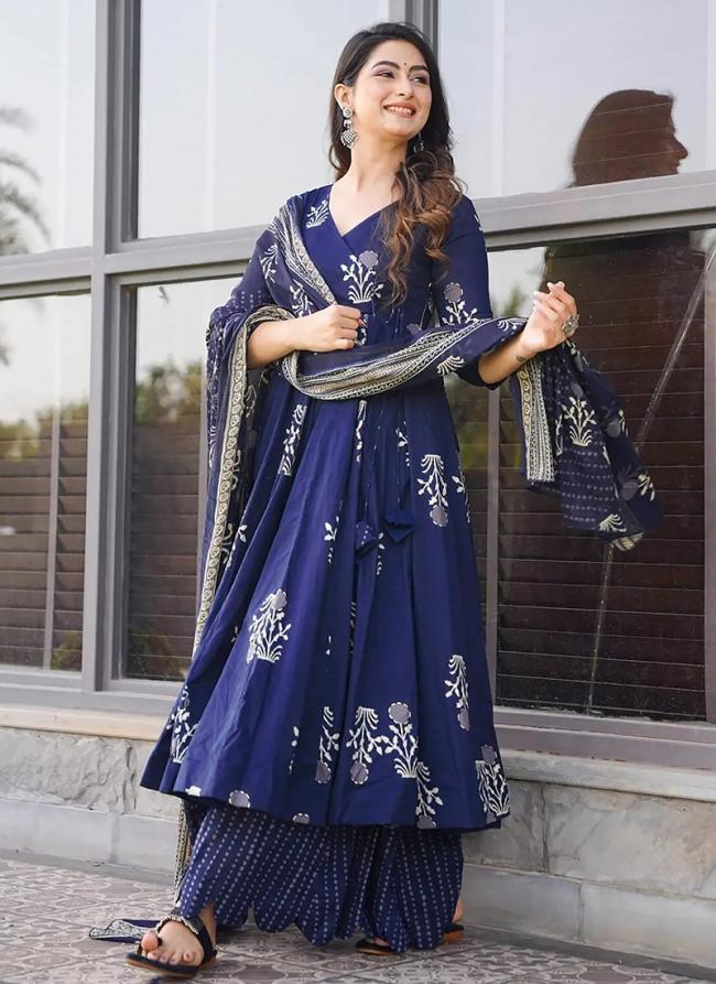 Pure Muslin Royal Blue Party Wear Printed Readymade Anarkali Suit